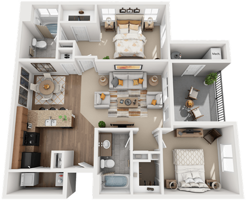 2 Bed 2 Bath Floor Plan at Falls at Riverwoods Apartments & Townhomes, Logan